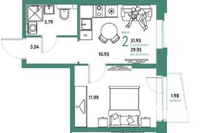 2-к квартира, вторичка, 32м2, 10/20 этаж