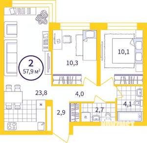 2-к квартира, вторичка, 58м2, 1/24 этаж