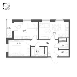 2-к квартира, строящийся дом, 61м2, 24/25 этаж