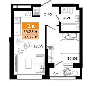 1-к квартира, строящийся дом, 38м2, 5/27 этаж
