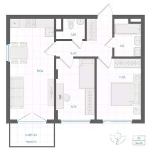 2-к квартира, строящийся дом, 54м2, 1/4 этаж