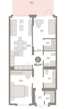 2-к квартира, вторичка, 95м2, 1/9 этаж