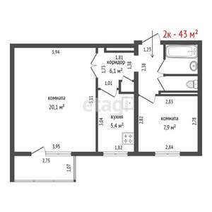 2-к квартира, вторичка, 43м2, 3/9 этаж