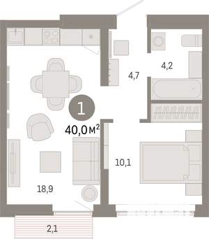 1-к квартира, вторичка, 40м2, 8/9 этаж