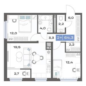 2-к квартира, строящийся дом, 64м2, 8/17 этаж