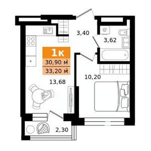 1-к квартира, строящийся дом, 33м2, 13/25 этаж