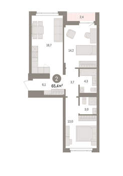 2-к квартира, вторичка, 65м2, 4/16 этаж