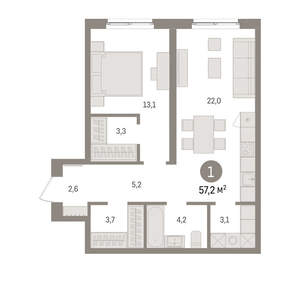 1-к квартира, вторичка, 57м2, 4/15 этаж