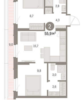 2-к квартира, вторичка, 56м2, 8/9 этаж