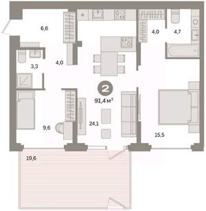 2-к квартира, вторичка, 91м2, 1/7 этаж