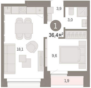 1-к квартира, вторичка, 36м2, 9/16 этаж