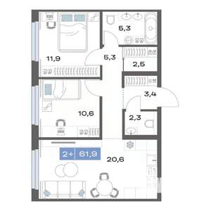 2-к квартира, строящийся дом, 62м2, 3/17 этаж