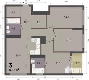 3-к квартира, строящийся дом, 89м2, 27/32 этаж