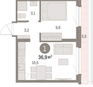 1-к квартира, вторичка, 37м2, 7/9 этаж