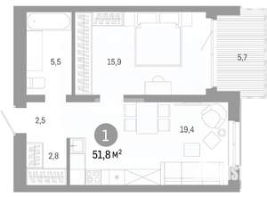 2-к квартира, вторичка, 52м2, 15/24 этаж