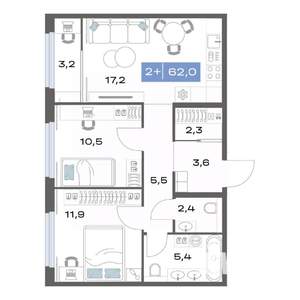 2-к квартира, строящийся дом, 62м2, 15/17 этаж