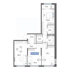 3-к квартира, строящийся дом, 93м2, 10/20 этаж