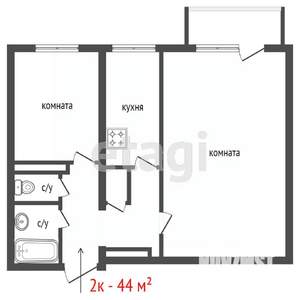 2-к квартира, вторичка, 44м2, 1/9 этаж