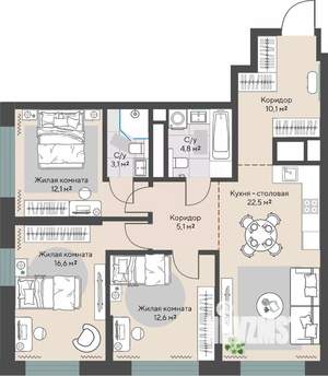 3-к квартира, строящийся дом, 87м2, 16/30 этаж