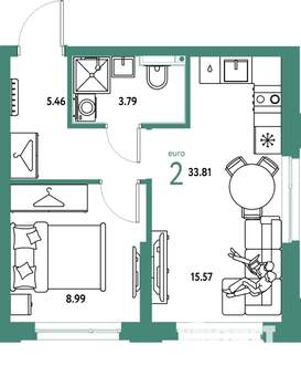 2-к квартира, строящийся дом, 34м2, 7/24 этаж