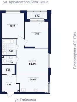 2-к квартира, вторичка, 68м2, 9/26 этаж