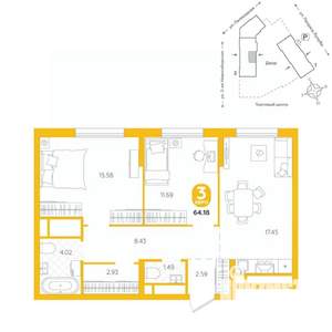 3-к квартира, вторичка, 64м2, 21/24 этаж