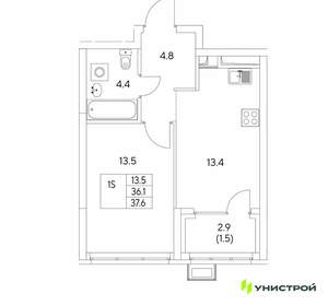 1-к квартира, вторичка, 38м2, 15/30 этаж