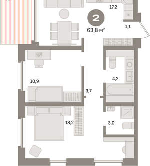 2-к квартира, вторичка, 64м2, 12/24 этаж