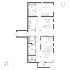 3-к квартира, вторичка, 97м2, 7/32 этаж