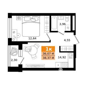 1-к квартира, строящийся дом, 38м2, 2/27 этаж