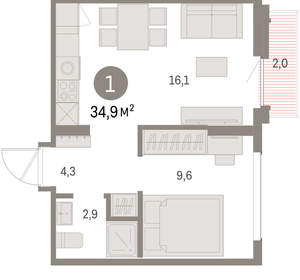 1-к квартира, вторичка, 35м2, 8/9 этаж