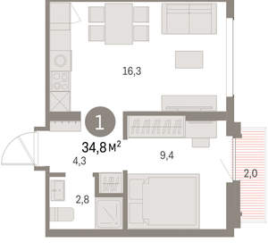 1-к квартира, вторичка, 35м2, 9/9 этаж