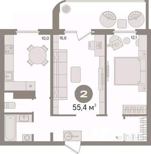 2-к квартира, вторичка, 55м2, 11/16 этаж