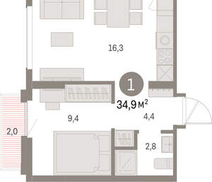 1-к квартира, вторичка, 35м2, 6/9 этаж
