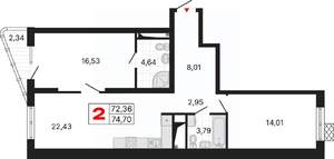 2-к квартира, вторичка, 75м2, 14/25 этаж