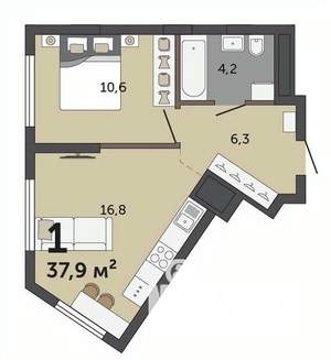 1-к квартира, строящийся дом, 38м2, 25/30 этаж