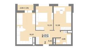 2-к квартира, вторичка, 56м2, 2/22 этаж