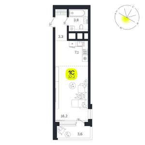 1-к квартира, вторичка, 32м2, 23/27 этаж