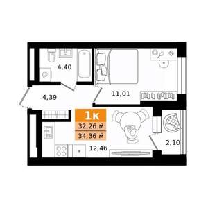 1-к квартира, строящийся дом, 34м2, 13/27 этаж