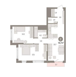 2-к квартира, вторичка, 71м2, 23/25 этаж