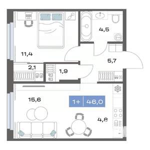 1-к квартира, строящийся дом, 46м2, 1/17 этаж