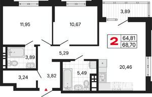2-к квартира, вторичка, 69м2, 3/6 этаж