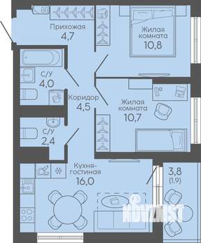 2-к квартира, вторичка, 55м2, 5/16 этаж
