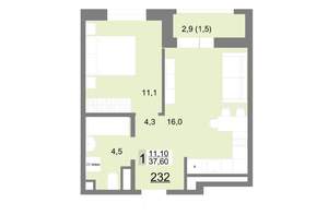 1-к квартира, вторичка, 38м2, 25/26 этаж