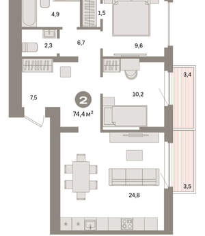 2-к квартира, вторичка, 74м2, 8/9 этаж