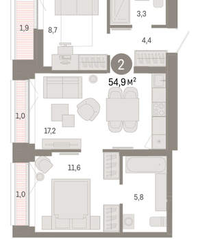 2-к квартира, вторичка, 55м2, 7/16 этаж
