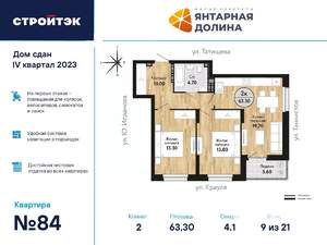2-к квартира, сданный дом, 64м2, 9/21 этаж