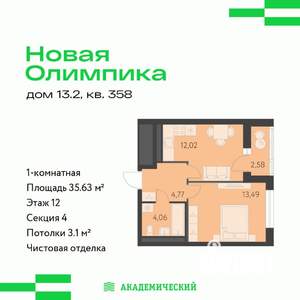 1-к квартира, вторичка, 36м2, 12/12 этаж
