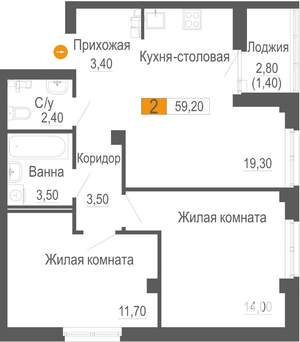 2-к квартира, строящийся дом, 59м2, 4/25 этаж