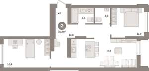 2-к квартира, вторичка, 78м2, 9/9 этаж